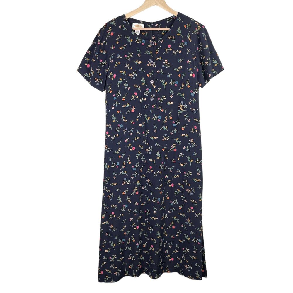 Vintage Talbots Floral Midi Dress Cottagecore Prairie Button Front Navy Size 4